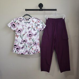 Grey's Anatomy White Floral Scrub Top Purple Cargo Scrub Pants Set Size Small